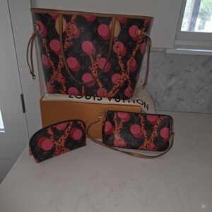 Louis Vuitton "Ramages" Pink Brown Neverfull, Cosmetic Bag, Small Shoulder Bag